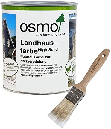 OSMO Landhausfarbe High Solid Wetterschutzfarbe Wasserabweisend 0,75 L (Dunkelbraun 2607) + Flächenstreicher Pinsel von Pfahler Gratis.