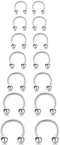 16G Horseshoe Small Septum Rings Silver Smiley Piercing Jewelry Circular Curved Barbell Nose Nipple Nostril Cartilage Helix Piercing Hoop Set, Pack of 7 Pairs ( 16 Gauge, 6mm 7mm 8mm 9mm 10mm 12mm 14mm )