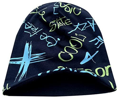 Wollhuhn Öko Warme Kuschelige Winter Jungen/Mädchen Winter Long Beanie Mit Fleecefutter Versch. Motive (aus Öko-Stoffen, Bio) 20220666 (Cool Music Schwarz/Blau/Grün, M)