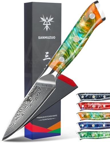 SANMUZUO Schälmesser Damastmesser 9 cm Klinge - Japanisches Obst und Gemüsemesser Officemesser - VG 10 Damaskus Stahl Küchenmesser mit Harzgriff - Xuan Serie(Dream Orange)