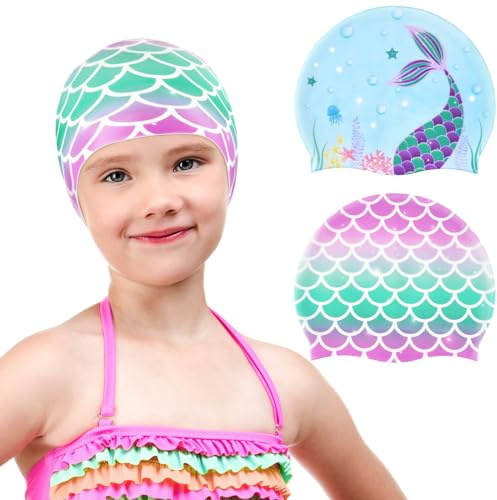 2 Pezzi Impermeabile Bambini Cuffia da Nuoto Sirene Elastico Cuffia Piscina per Ragazzi Ragazzo Cappello da Nuoto per Capelli Lunghi e Corti