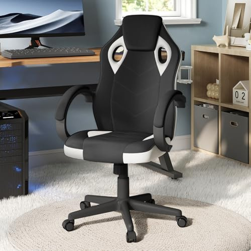 WOLTU Sedia Gaming,Ergonomica con Tessuto Traspirante,Nero+Bianco | sedia per PC,Altezza Regolabile, Ruote, Schienale, Braccioli e Funzione Basculante