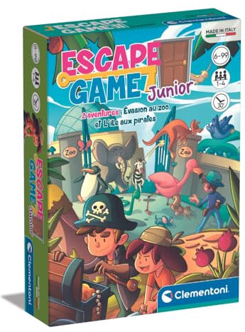 Clementoni | Escape Game Pocket Junior 6 Ans+ – 2 Aventures : Zoo & Pirates|Coopératif avec Cartes et Objets|1 à 4 Joueurs|30 Min |Activité Logique Ludique|Jeu de Société Éducatif Conçu en Italie