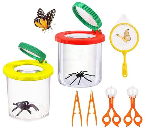 Cerkkapo 7 Stück Becherlupen für Kinder, Becherlupen, Becherlupe Set mit 2 Pinzette und 2 Insektenfänger Scherenzange,Lupenbecher Insekten Lupe Behälter für Kinder Wissenschaft Outdoor Natur Erkundung