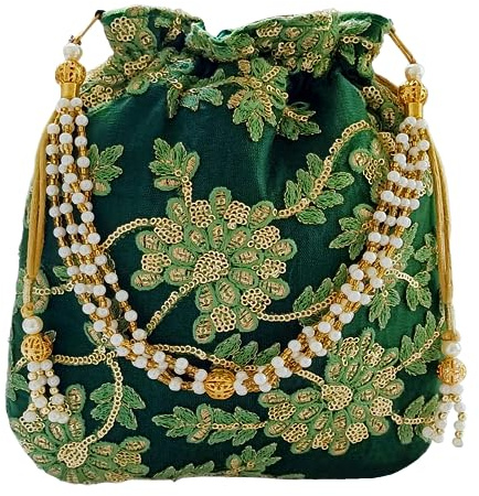 Swadeshi Desire Polti - Borsa da donna con manico in perle e nappa, stile etnico, da sposa, stile tradizionale e casual, Verde scuro