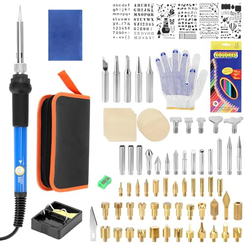 QWORK® Brandmalerei Lötkolben Set 110PCS, 60W Gravierstift Einstellbare Temperatur (180°C-480°C) mit 53 Prägespitzen & Zubehörteile, Ideal für Leder-, Karton- und Holzbrandmalerei