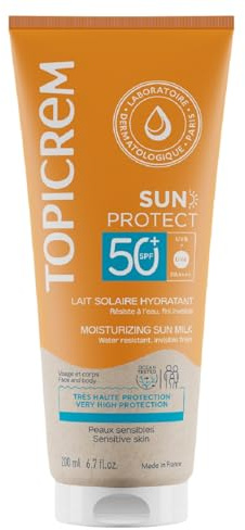 Topicrem - Sun Protect, Lait Solaire Hydratant Visage et Corps SPF50+ - Crème Solaire Très Haute Protection, Hydrate 24h - Soin Peaux Sensibles, Dès 3 Ans - Parfum Ensoleillé - 200 ml