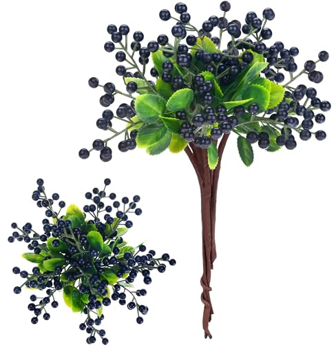 Felice Arts 6 Pack Artificial Black Berry Stems Fake Holly Berries Halloween Picks for Xmas Tree Ornaments DIY Wreath Vase Holiday Home Decor