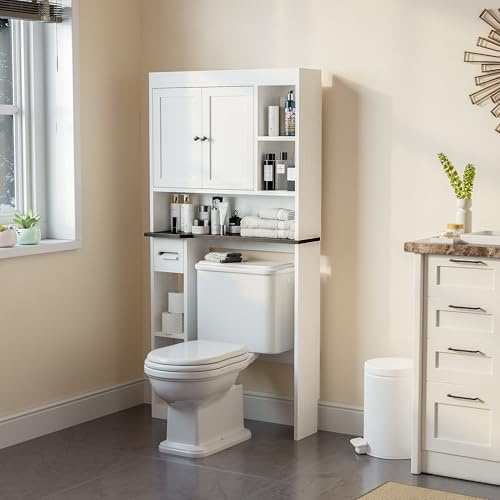 Nivisre Over The Toilet Storage Cabinet with 7 Shelves, Imitation Walnut Grain Above Toilet Bathroom Organizer with Toilet Paper Holder Stand, Space Saver for Restroom, Laundry, Bathroom (White)