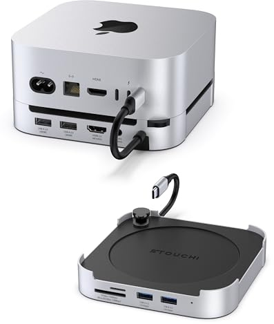 Stouchi Mac mini M4 Dock with NVMe SSD Enclosure, M4 Stand & Hub with 2X USB A 10Gbps, SD/TF Card Readers, 4K@60 HDMI, 2X USB A Data Port, Audio 3.5mm for Mac Mini M4/M4 Pro With Power Button
