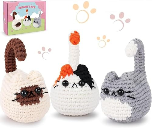BOYIFEIJIE virkning för nybörjarset – virkade set djur, amigurumi instruktioner med steg-för-steg-video, tre söta katter, perfekt för nybörjare, kreativt virkningsset (kattfamilj)