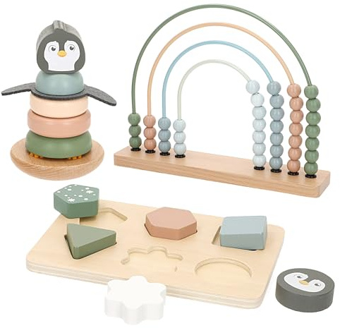WOOMAX Set 3 leksaker Babyträ, Regnbåge Abacus, Stapelbar pingvin, Hopfällbart pussel, Pastellfärger, Från 12 månader, FSC-certifierad, Pedagogiskt spel, Babyspel (39251)