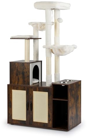 COSTWAY Mueble Arenero para Gatos, Árbol Rascador para Gatos con Caja de Arena, 2 Hamacas, Mirador, Postes y Alfombrillas para Rascar, Comederos, Torre Rascador para Gatitos, 87x45x161 cm, Industrial