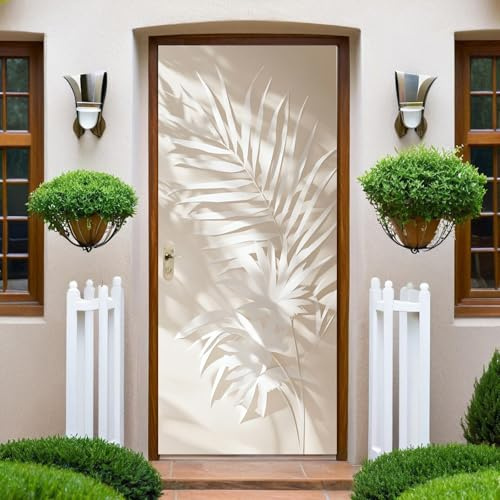 Beige Adesivi per Porte Interne 85x215 cm Foglie di palma tagliate con la carta PVC Impermeabile Autoadesivo e Rimovibile, Sticker Decorativo per Porta