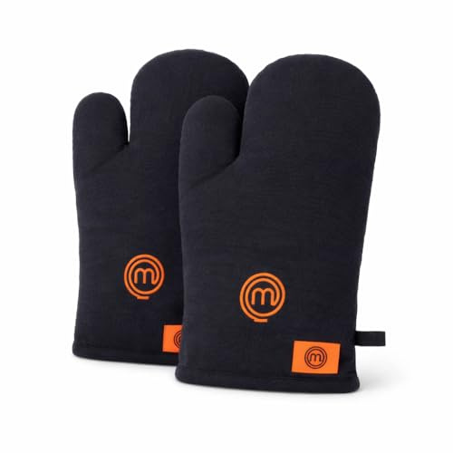 MasterChef Guanti da Forno Neri (1 Paio) – Guanti da Cucina Resistenti al Calore in 100% Cotone – Presine con Logo Arancione – Guanti da Barbecue con Occhiello per Cucina & Griglia