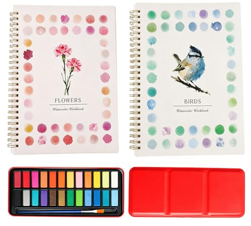 XEERUN 2PCS Watercolor Workbook Set, Birds & Flowers Creative Watercolour Paint Book Set with 24 Paints & Brush, 24 Patterns, Beginner-Friendly Watercolour Art Kit for Adults & Teens
