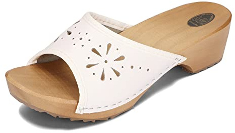 BeComfy Damen Clogs Holzschuhe Leder Holz Pantoletten mit Absatz Sommer Sandalen Bunte Farben 35-41 EU (Weiß, 39)