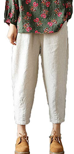 LaovanIn Women's Linen Cropped Pants Tapered Ankle Capris Trousers Elastic Waist Large Beige