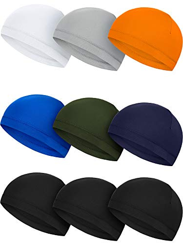 SATINIOR 9 Pieces Cooling Skull Caps Helmet Hard Hat Liner Bald Cap Sweat Wicking Running Beanie Cycling for Men Women(White, Grey, Orange, Green, Blue, Dark Blue, Black)