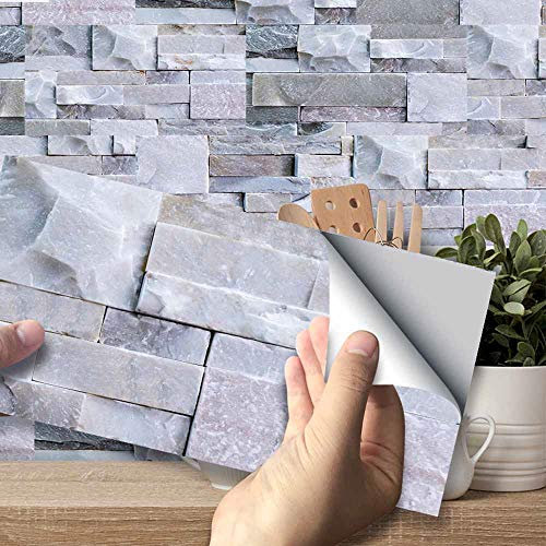Kitchen Bathroom Wall Tile Stickers,Hiser 20*10cm DIY Rectangle Decals 3D Imitation Wall Tiles Style Sticker for Kitchen Living Room Bathroom Home Decor Self-Adhesive (Light gray stone brick,54pcs)