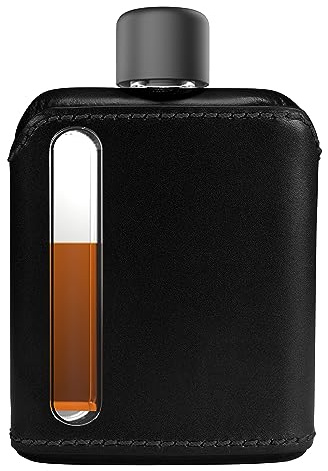 Ragproper Modern Glass Hip Flask - Durable Leather Covered Flask for Whiskey, Spirits, & Other Liquor - Ideal Glass Flask for Men & Women (Single Shot 100ml, Leather Black)