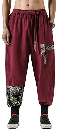 HAORUN Chinesische Kung-Fu-Hose für Herren, Tai Chi-Hose, Schnürung, lose - Rot - X-Klein