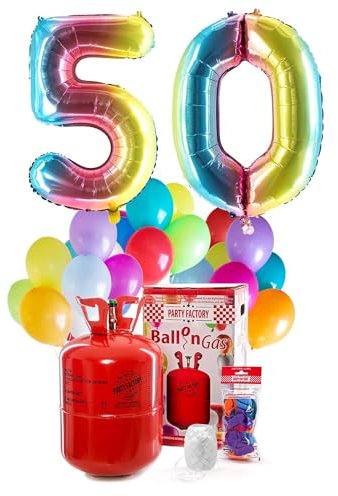 PARTY FACTORY Helium Geburtstags-Komplettset 50 - mit XXL Zahlenballons, 0,4m³ Ballongas, Ballonschnur & 30 bunten Latexballons - für Geburtstag, Jubiläum, Jahrestag - versch. Farben (Regenbogen)