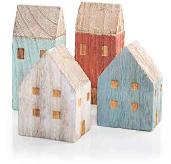 Maritime Deko-Häuser, 4 Stück: Mini Hafen-Häuschen Holz, Sommer, Meer, Strand & Urlaub, Dekoration Regal, Bad & Wohnzimmer, Maritimdeko Innen, Baddeko Maritim, Holzdeko Strandhaus Klein, ‎9 - 13 cm