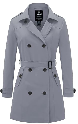 Wantdo Cappotto da Donna Primaverile Leggero Classico Trench Doppiopetto Lungo Parka Impermeabile Antivento Trenchoat con Cintura Grigio S