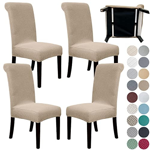 SPRINGRICO 4 Pack Dining Room Chair Covers with seat Belt, Stretch Parsons Chair Slipcover Washable Kitchen Dining Chair Cover Removable Seat Protector Set of 4, S1- Khaki