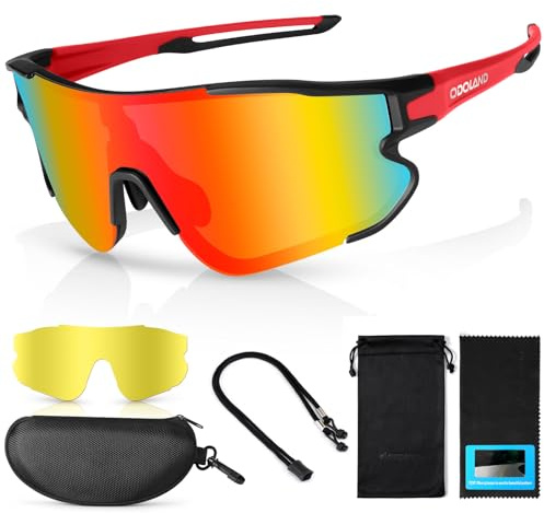Odoland Gafas de sol polarizadas para ciclismo, gafas de sol deportivas UV 400 con sustituibles de visión nocturna lentes para bicicleta, pesca, correr, hombre mujer y joven, rojo