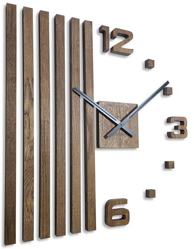 FLEXISTYLE 3D Wanduhren DIY Holz Eiche Lamellen große Wanduhr 60 cm 3D Wanduhr Modern Design EKO Wanduhren Wandtattoo Dekoration Uhren für Büro Wohnzimmer Schlafzimmer (Braun, Schwarze Zeiger)