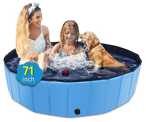 CACSPS Foldable Dog Pool, 71 x 12 Large Kiddie Pool with Hard Plastic, Non-Slip Dog Bath Tub for Outdoor Backyard, Collapsible Dog Swimming Pool for Kids Dogs Pets (Blue)