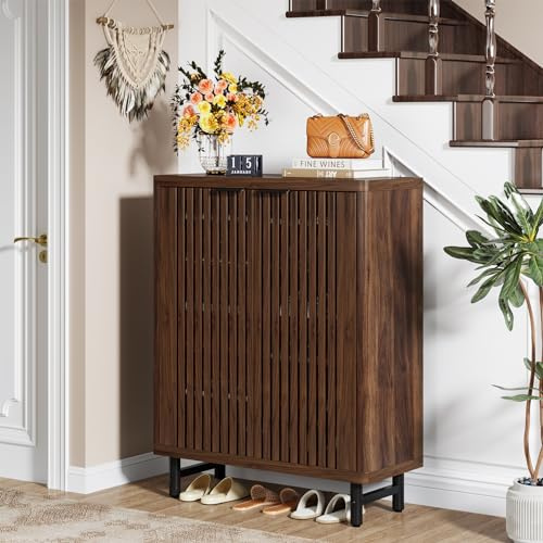 Tribesigns 6-Tier Shoe Cabinet with Shutter Doors, Large Wooden Shoe Organizer Rack with Adjustable Shelves, Modern Farmhouse Hidden Storage Furniture for Entryway, Hallway (Dark Walnut)