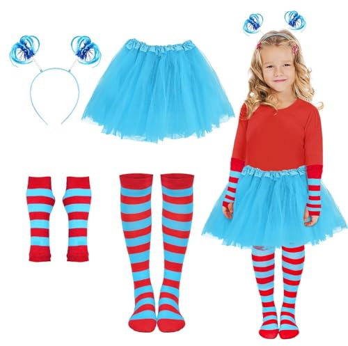 Costumes for Girls, Blue Tutu Skirt, Ponytail Headband, Blue Red Striped Fingerless Gloves, Over Knee High Socks Kids Characters Costumes for School Dress Up Day & Halloween Cosplay Party (4Pcs)