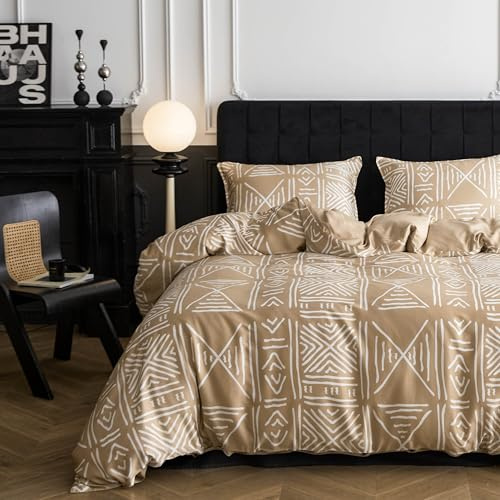 Simple&Opulence Boho Cooling Duvet Cover Set, 3Pcs Aztec Luxury Tribal Geometric Pattern Comforter Cover Set, Soft Breathable Bedding for Hot Sleepers(Khaki, King)