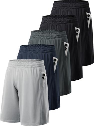 miijoory Lot de 5 Shorts de Sport Homme à Poches, Séchage Rapide | Taille Élastique, Matière Légère et Respirante, Évacue l'humidité, pour la Course,Gym,Basket-ball et le Fitness Running