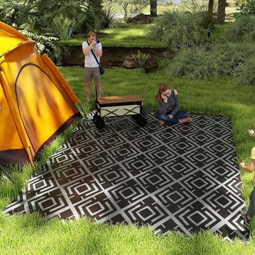 Outsunny Alfombra de Exterior 182x274 cm Alfombra Reversible con Patrón Geométrico de Rombos Impermeable Bolsa de Transporte para Terraza Balcón Patio Camping Playa Negro