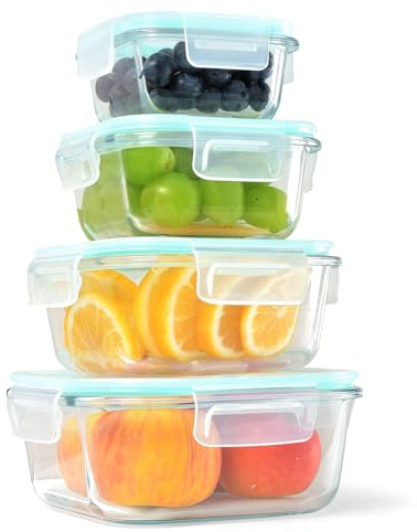 HOUSLUX Meal Prep Boxes Glass Containers with Lid, Dishwasher Food Storage Containers with Lid, Microwave and Freezer Friendly, Leak-Proof (Light Green, 320+520+800+1200ml)