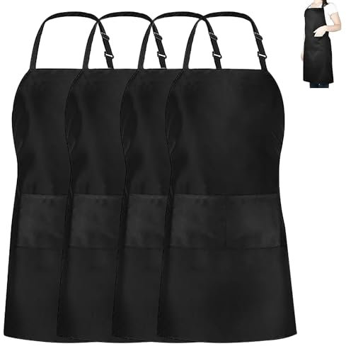 DDUP Kitchen Apron, Adjustable Kitchen Chef Aprons with 2 Pockets, Women Men Aprons for Home Kitchen, Restaurant, Coffee House, Baking Gardening BBQ, Professional Apron (Black) (Black-Pack of 4)