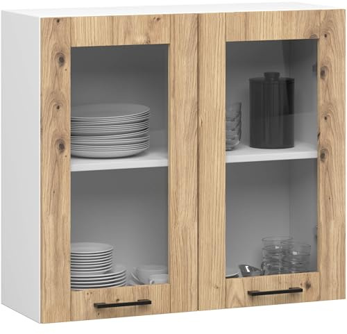 AKORD | Armario de cocina colgante – vitrina de cocina 80 cm, H720 | Mueble con 2 puertas y 2 estantes | armario de almacenamiento | Blanco & Roble Artesano