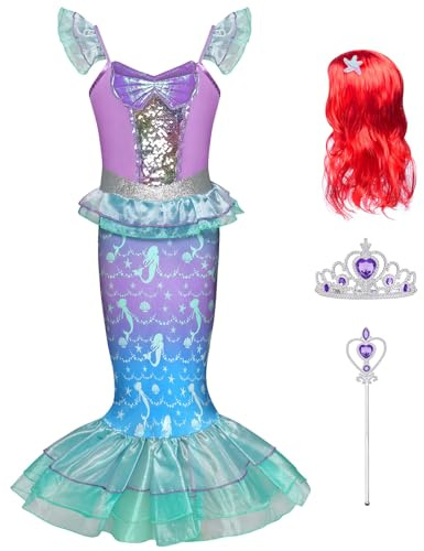 AYBUY Sjöjungfru kostym barn, prinsessa sjöjungfru klänning set med peruk krona och trollstav, små flickor sjöjungfrur kostym för halloween, cosplay, karneval, prinsessklänning