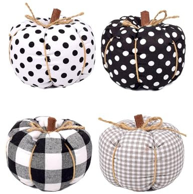 HUANGING Decorazioni autunnali per festival 11,4 cm, in tessuto a scacchi, zucche ornamentali, set di 4 zucche finte, decorazione per case coloniche, tessuto di cotone, zucche in miniatura