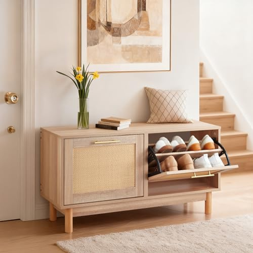 VEVOR Banc à Chaussures d'entrée, 100x30x53 cm, Banc Rangement avec 2 tiroirs rabattables, Support Rangement pour Chaussures 136 kg, 4 Compartiments et 2 Portes en rotin, pour Couloir, Salon, Chambre
