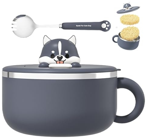 Snabbnudelskål med handtag 1 200 ml söt Husky omedelbar ramen-skål med lock och sked 304 rostfritt stål ramenspis för soppa, nudlar