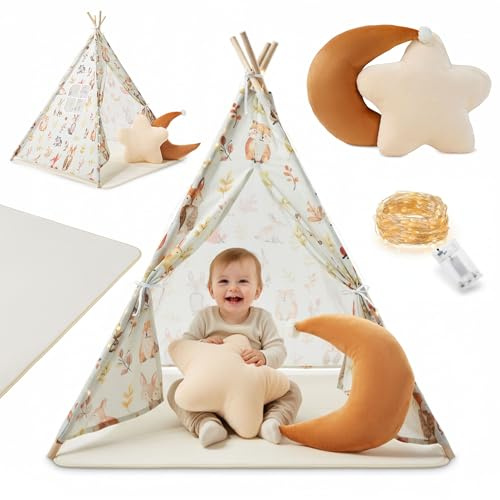 Mamabrum Tenda per bambini interna beige foresta con tappeto imbottito, cuscini decorativi e ghirlanda LED, capanna da gioco camera da letto da 3 anni