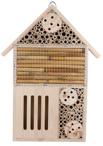 Veemoon Casa de Abejas de Madera Natural 19x4x35 Cm Tubos Lisos y Techo Superpuesto para Jardín Exterior, Hotel de Insectos para Observar y Refugio Seguro de Mariquitas y Abejas