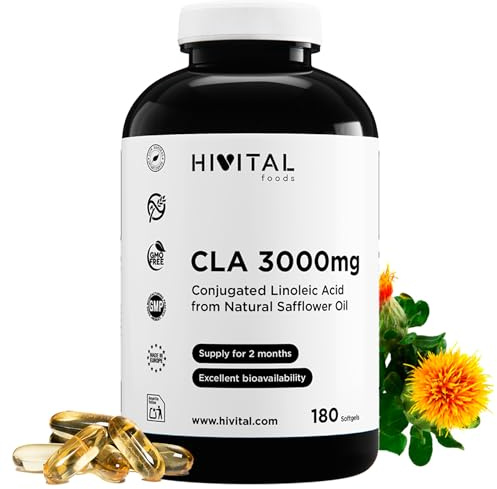 CLA Ácido Linoleico Conjugado 3000 mg por dosis. 180 perlas a base de Aceite Vegetal de Cártamo Natural para 2 meses de tratamiento. Fabricado en España por HIVITAL