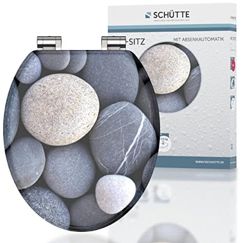 SCHÜTTE WC-Sitz Holzkern GREY STONES, Toilettensitz mit Absenkautomatik, passend für viele handelsübliche WC-Becken, maximale Belastung der Klobrille 150 kg, Motiv Steine auf Brille und Deckel 80130