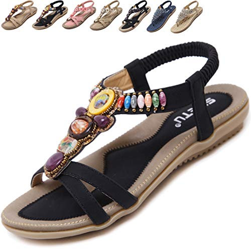 Acfoda Sandales Femme Été Confortable Plats Nu Pieds Cuir Tong de Plage Mode Claquettes Bout Ouvert avec Strass Noir 43 = FabricantTaille 44